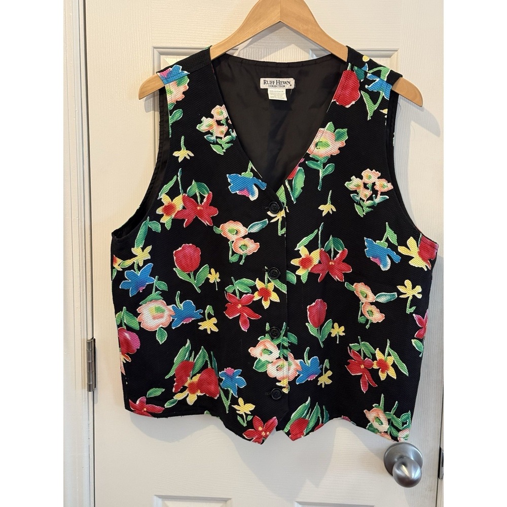 Vintage Black Floral Cottagecore 90s Vest Size 1x Ruff Hewn 100% Cotton Thailand